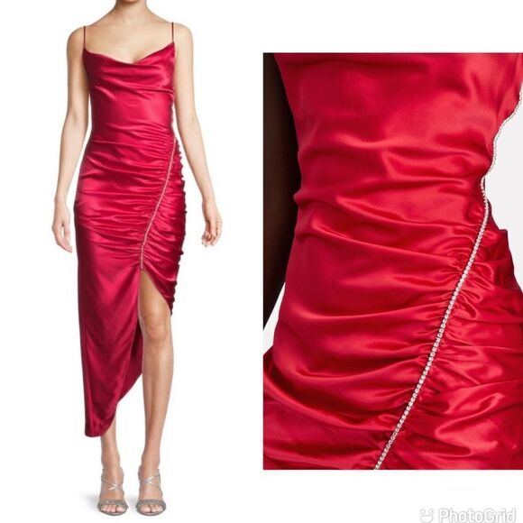 NEW cinq a sept Emilia Silk Asymmetric Midi Dress Rhinestone Red Raspberry 8 - Picture 1 of 12